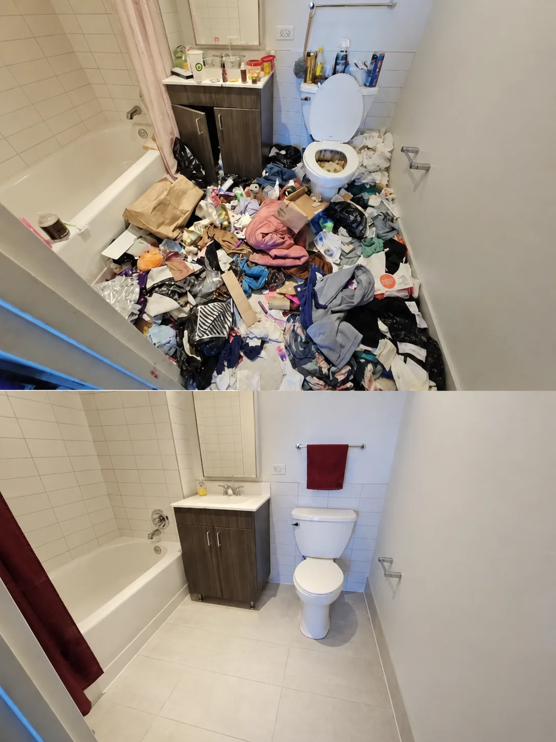 Before and after bathroom cleaning and organization