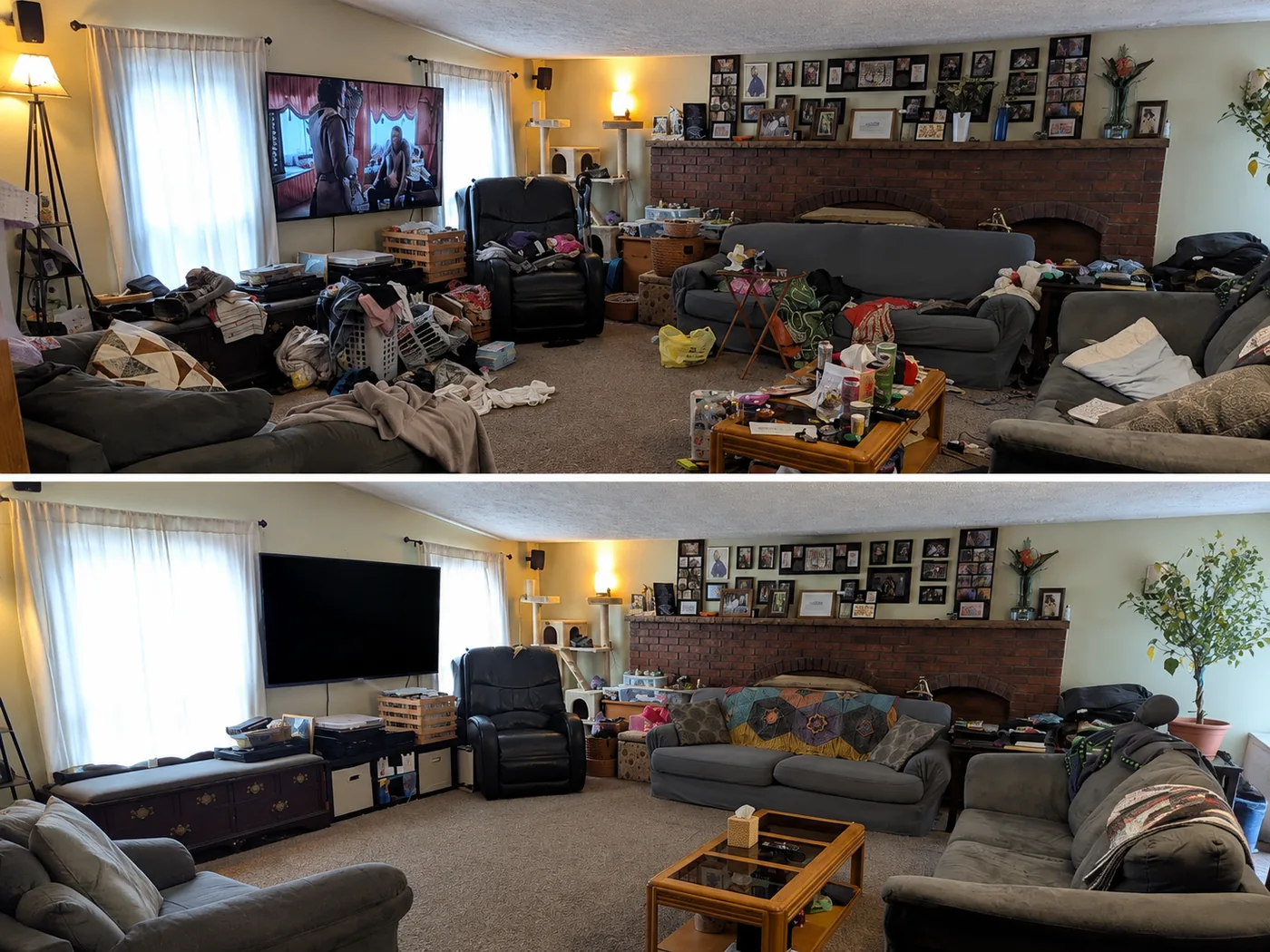Before and after living room cleaning and organization